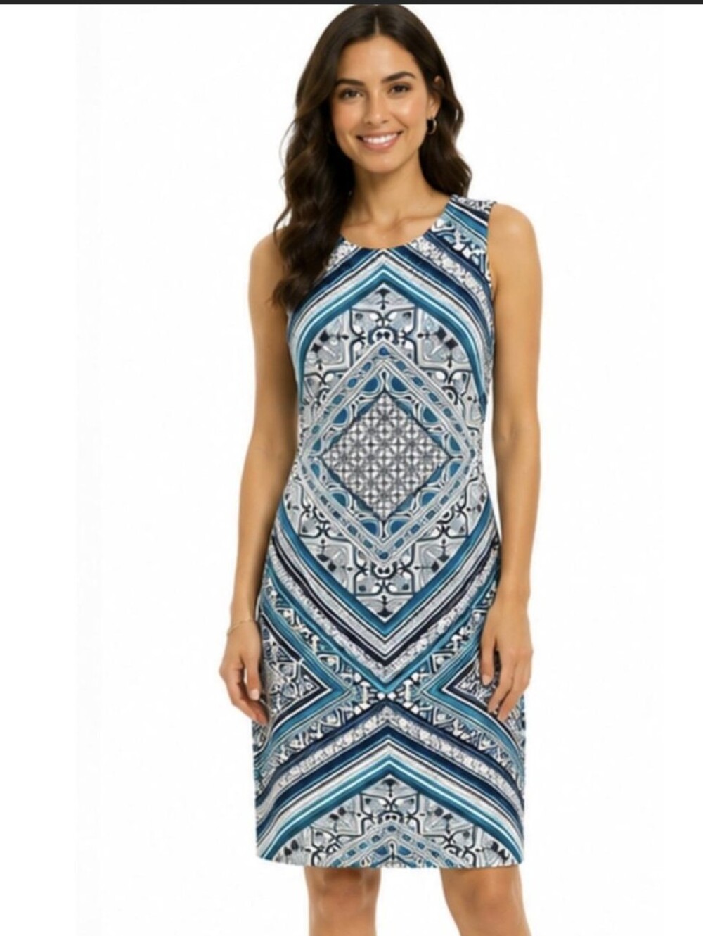 White House Black Market Reversible Womens Dress Teal Geometric Sheath Medium